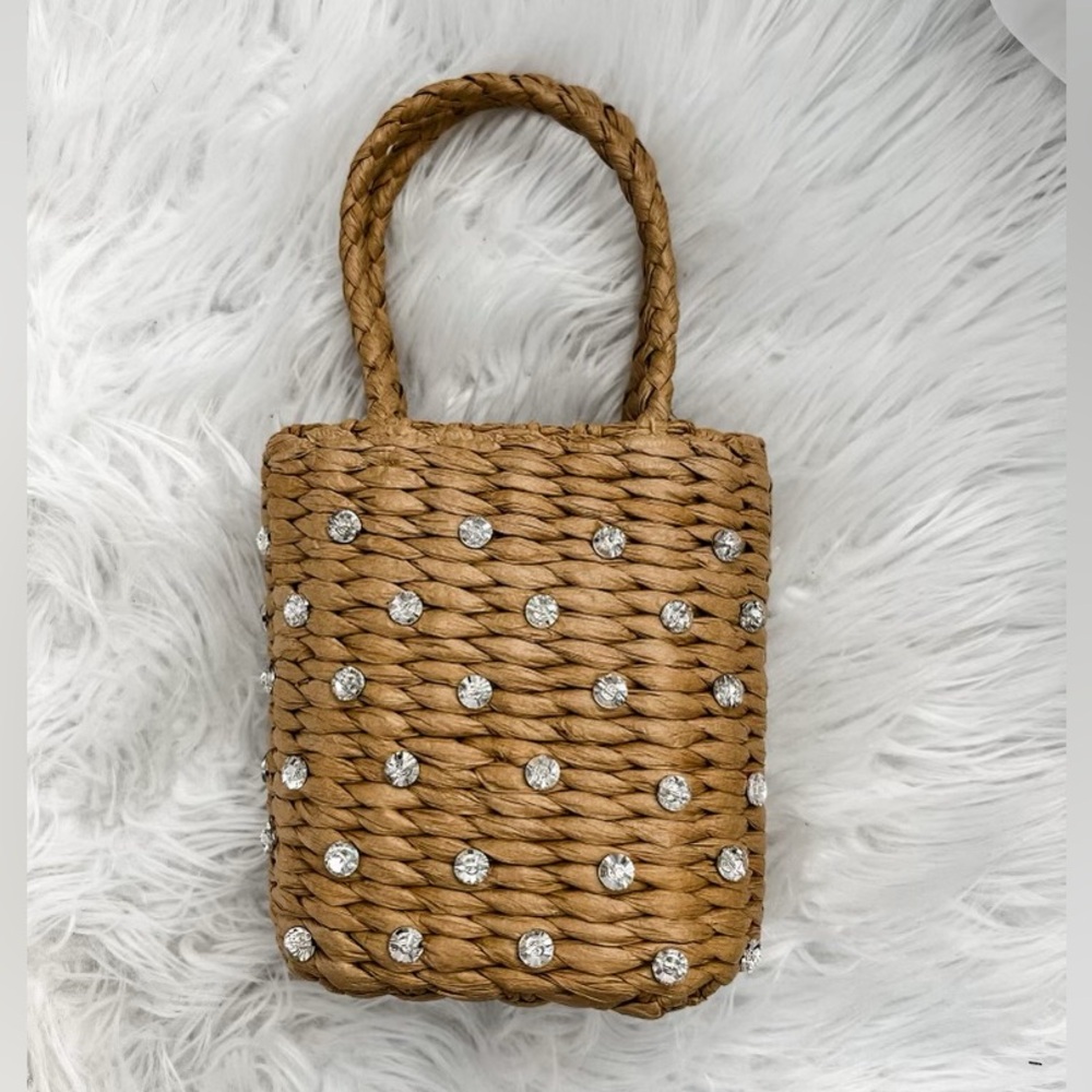 NWOT A New Day Tan Woven Tote Bag with Crystal Accents